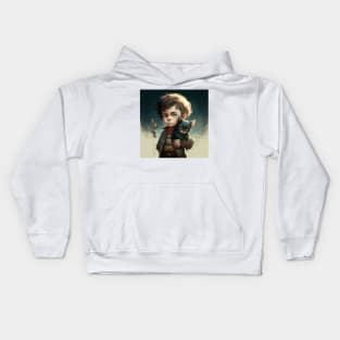 Young boy looking solemn as he holds his kitten. Kids Hoodie